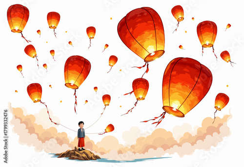 A Dreamy Scene of a Young Boy Holding Strings of Floating Lanterns as They Gracefully Ascend Amidst a Serene Cloudy Backdrop Creating a Magical Atmosphere