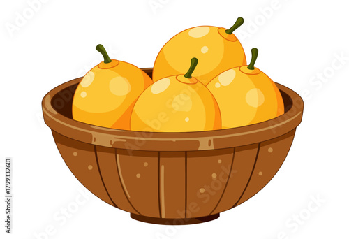 Illustration of Four Bright Yellow Lemons in a Wooden Bowl Showcasing Freshness and Citrus Flavor in Simple Rustic Style Design