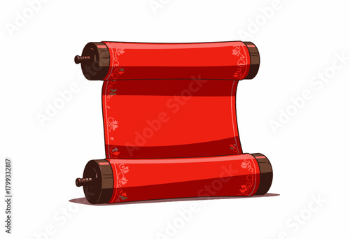 Elegant Red Scroll with Intricate Golden Floral Patterns and Ornate Wood Handles on a Clean White Background