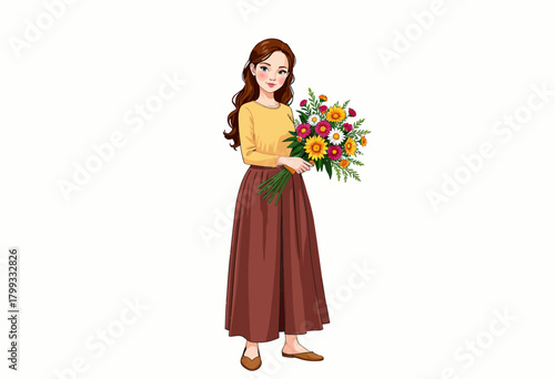 Charming illustration of a young woman holding a vibrant bouquet of colorful flowers, embodying elegance and style with a poised and graceful appearance