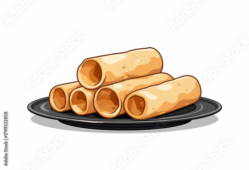 Illustrated Stack of Crispy Golden Spring Rolls on a Black Plate with White Background