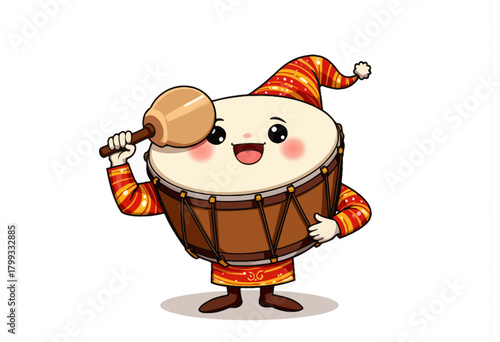 Cheerful Cartoon Drum Character with a Big Smile Holding a Mallet and Wearing a Festive Striped Outfit, Ready to Spread Joy and Music