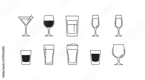 Collection of various alcoholic drink glasses in a simple line art silhouette style
