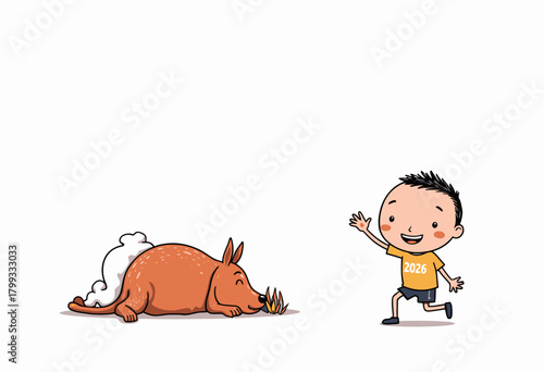 Cartoon Illustration of Cheerful Child Running Towards Playful Sleeping Animal on Bright Day