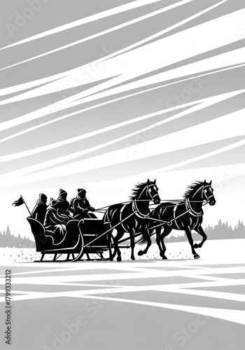 Vintage black and white illustration of people riding in a horse-drawn sleigh.