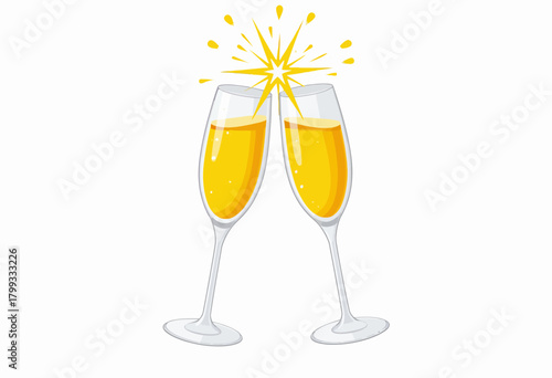 Illustration of two champagne glasses clinking together in celebration with a sparkling splash above, conveying a festive and joyous occasion