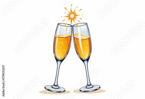 Elegant Illustration of Two Champagne Glasses Tapping Together in Celebration with Bubbles and Spark in a Festive Toasting Moment