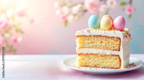 Easter cake slice with pastel eggs on a plate and floral background  