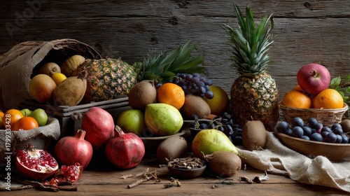 Fototapeta Naklejka Na Ścianę i Meble -  Colorful display of fresh fruits including pineapple, apples, bananas and grapes on rustic wooden table