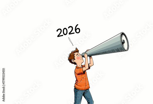 Illustration of a Young Boy Speaking Through a Large Megaphone with the Number 2026 Emphasized on a Plain Background