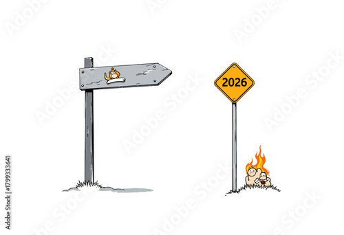 Illustration of a crossroad sign directing towards an uncertain future and a warning sign with the year 2026, featuring a small fiery cartoon figure