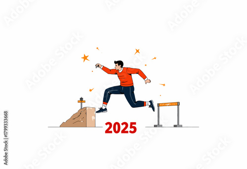Illustration of a Person Progressing Beyond Barriers and Challenges, Leaping Confidently Into the Future Year of 2025 With Optimism and Determination
