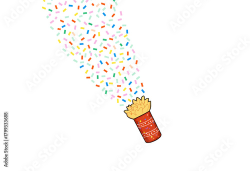 Festive Illustrated Party Popper Releasing Colorful Confetti in a Vibrant Burst Against a Clean White Background