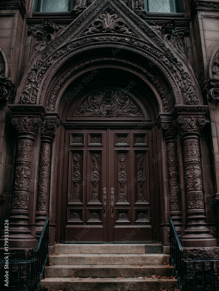 Obraz premium Ornate gothic carved wooden double door entrance