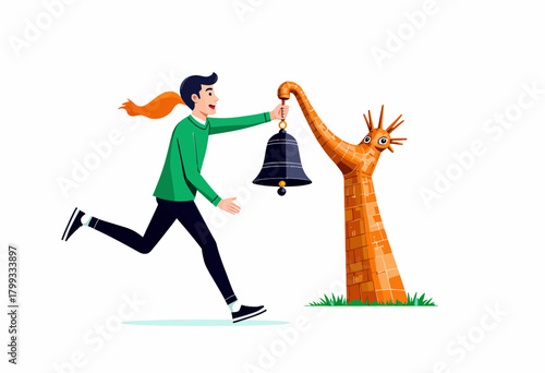 Illustration of Person in Green Shirt Reaching for Bell Held by Giraffe with Brick-like Texture in Whimsical Scene