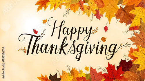 Vibrant Thanksgiving background filled with colorful autumn leaves in shades of orange, red, yellow, and brown, featuring hand-drawn “Happy Thanksgiving” lettering in an elegant cursive style 
