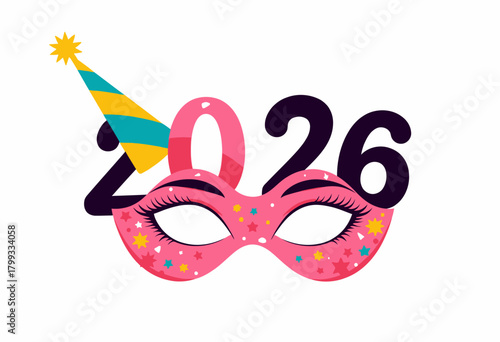 Festive 2026 illustration featuring vibrant party mask and cheerful design, capturing the excitement and joy of upcoming celebrations with colorful flair