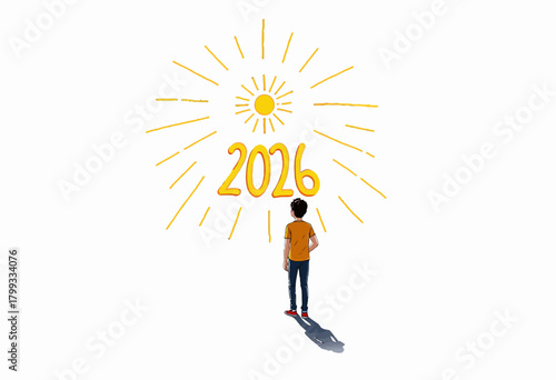 Illustration of Individual Facing Bright Sun Symbolizing Hope and Possibilities for the Year 2026 with Radiating Lines and Backlit Silhouette