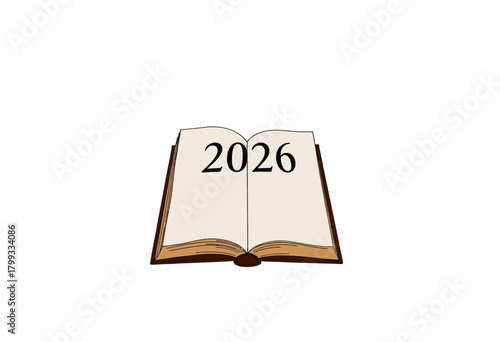 Illustration of an open book with the number 2026 prominently displayed on the pages symbolizing future prospects or plans