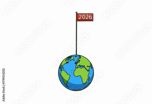 Illustration of Earth with a Flag Depicting the Year 2026 Signifying Future Events, Global Changes, and Worldwide Anticipation for Upcoming Evolutions