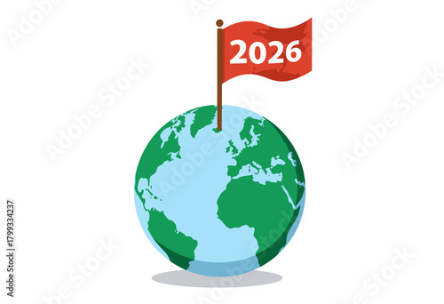 Illustration of a Global Concept Featuring Earth with a 2026 Flag Signifying Future Ambitions and Worldwide Goals with a Minimalistic Design Approach