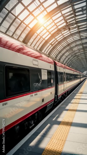 High-speed red train arriving at a modern railway station platform, illuminated by warm sunlight, showcasing sleek design and advanced technology in transportation	