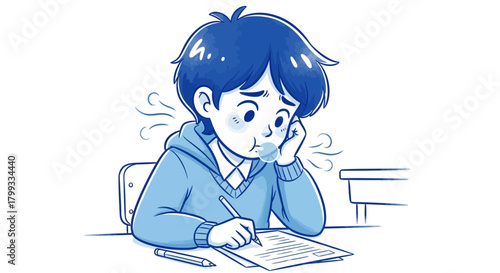 Boy Concentrating on Homework at Desk.