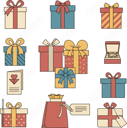 Create a kinds of deferent Simple vector icon illustration material of a gift vector art with white background..