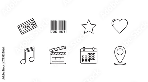 Collection of hand drawn icons representing entertainment and planning elements silhouette
