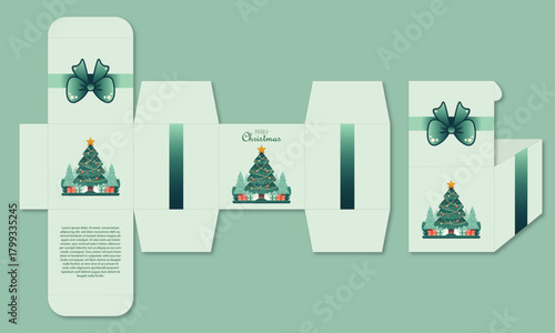Christmas gift box die cut template design with christmas tree and ribbon box mockup