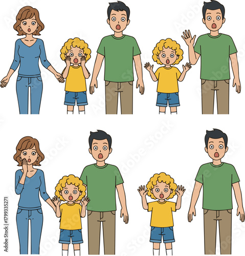 Create a kinds of deferent Simple vector illustration of a surprised young family vector art with white background..