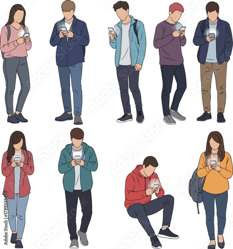 Create a kinds of deferent Simple vector illustration set of students looking at smartphones vector art with white background.