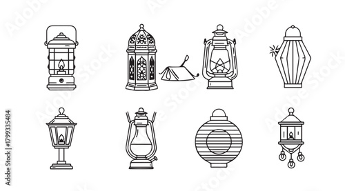 Collection of ornate islamic lanterns and lamps in silhouette style