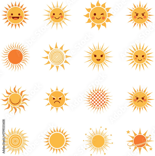 Create a kinds of deferent Sun simple vector icon illustration material vector art with white background..