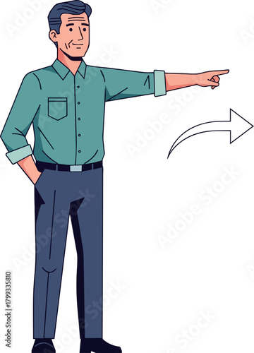 Create a Simple vector illustration of a middle-aged man giving directions vector art with white background..