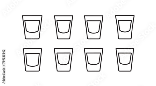 Eight simple outline silhouettes of shot glasses filled with liquid