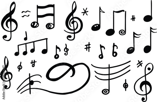 Hand-drawn musical notes and symbols collection on white background