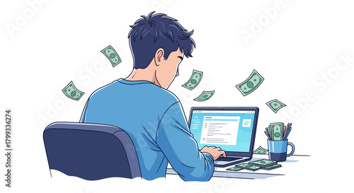 Man Earning Money Online with Laptop and Dollar Bills.