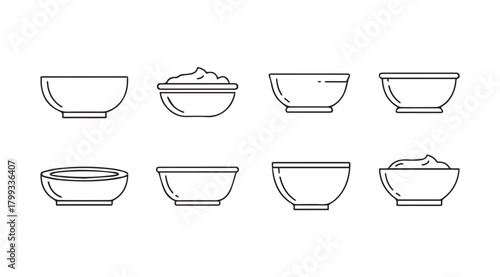 Collection of eight simple line art bowls and dishes in silhouette