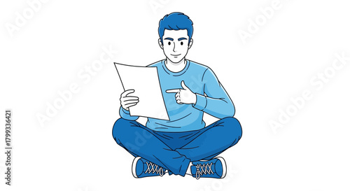 Man Sitting CrossLegged Reading Document with Focus and Attention.