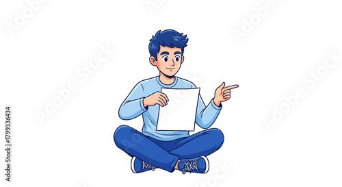 Cartoon Man Sitting CrossLegged Holding Blank Paper and Pointing.