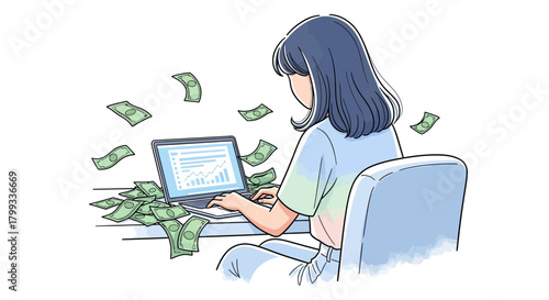 Earning Money Online Woman Working on Laptop with Cash.