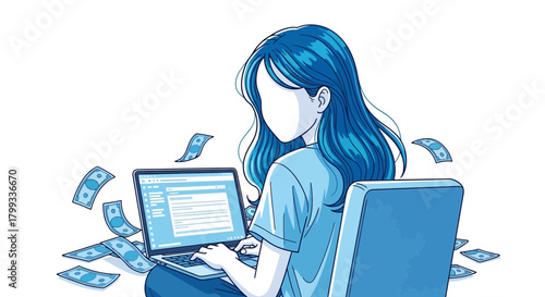 Earning Online A Womans Success Story with Laptop and Money.