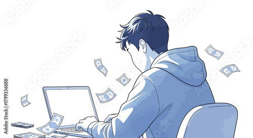 Earning Online A Young Mans Success with Laptop and Money.