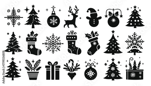 Black and White Christmas Icon Set with Trees, Gifts, and Snowflakes