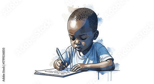 Focused Young Boy Concentrating on Writing Task.