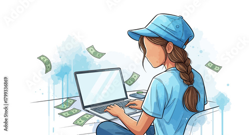Girl Earning Money Online with Laptop and Digital Skills.