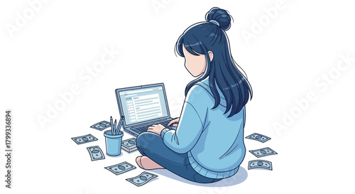 Freelancer Earning Money Online with Laptop Illustration.