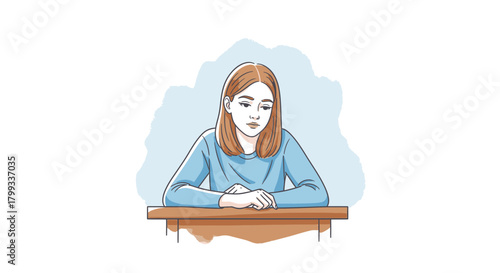 Illustration of a Thoughtful Young Woman at a Desk.
