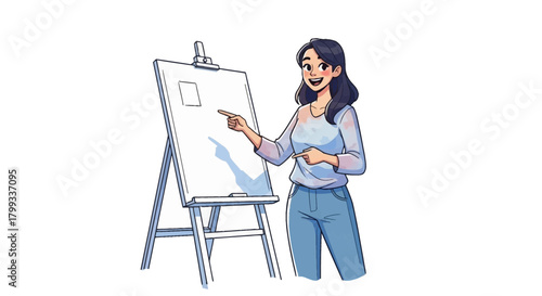 Illustration of a woman presenting a square on an easel.